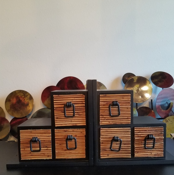 Vintage Wood with Bamboo Pullout Drawer Bookends - Picture 2 of 7